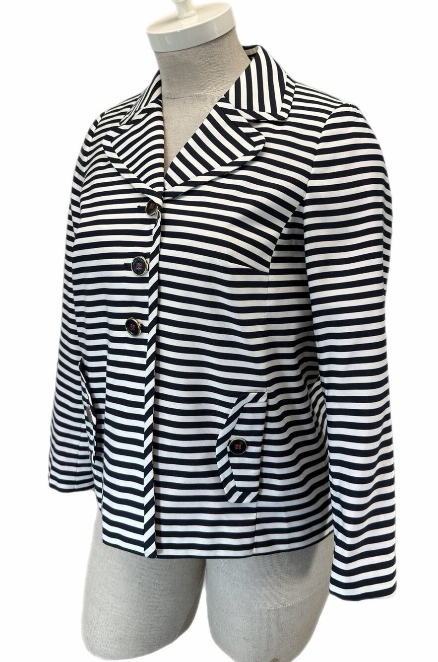 M&S Woman Blazer Black White Striped Button Front Nautical Jacket Career Size 14